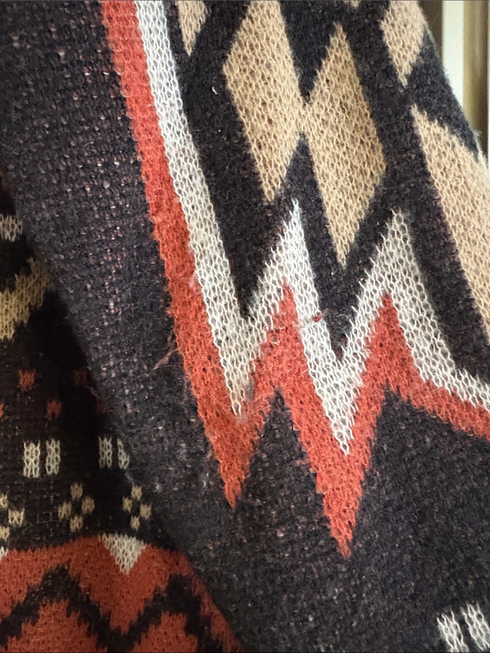 Zippered Geometric Knit Cardigan Sweater - Black, Rust & Cream - Picture 4 of 5